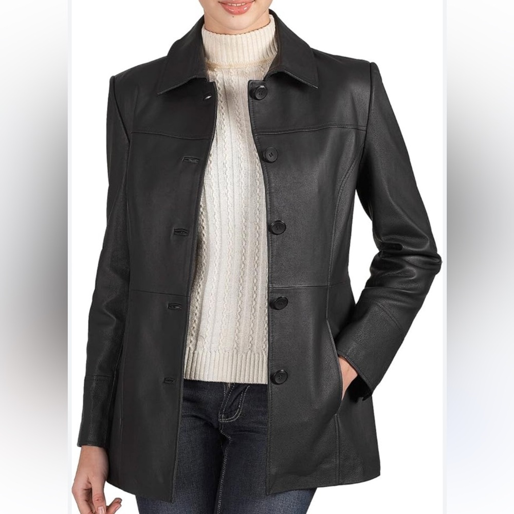 Wilson’s Leather Pelle Studio Black Leather Jacket Large Button Front Coat